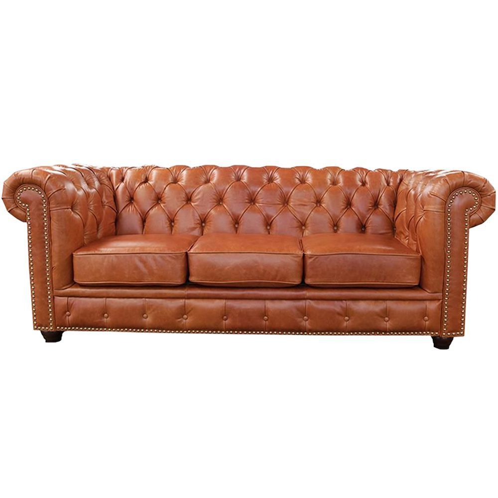 Sofá 3 Lugares Sala de Estar 235cm Chesterfield Pés Madeira Couro Conhaque G40 - Gran Belo
