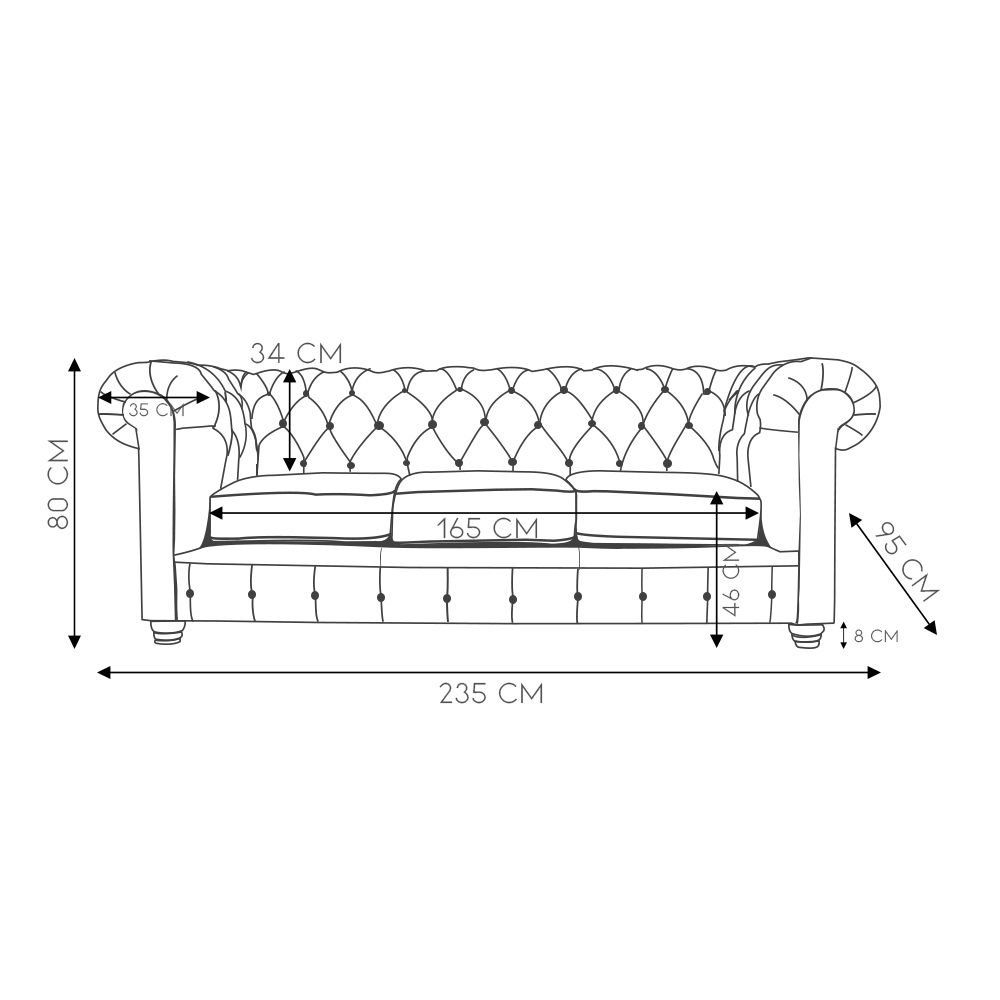Sofá 3 Lugares Sala de Estar 235cm Chesterfield Pés Madeira Couro Conhaque G40 - Gran Belo