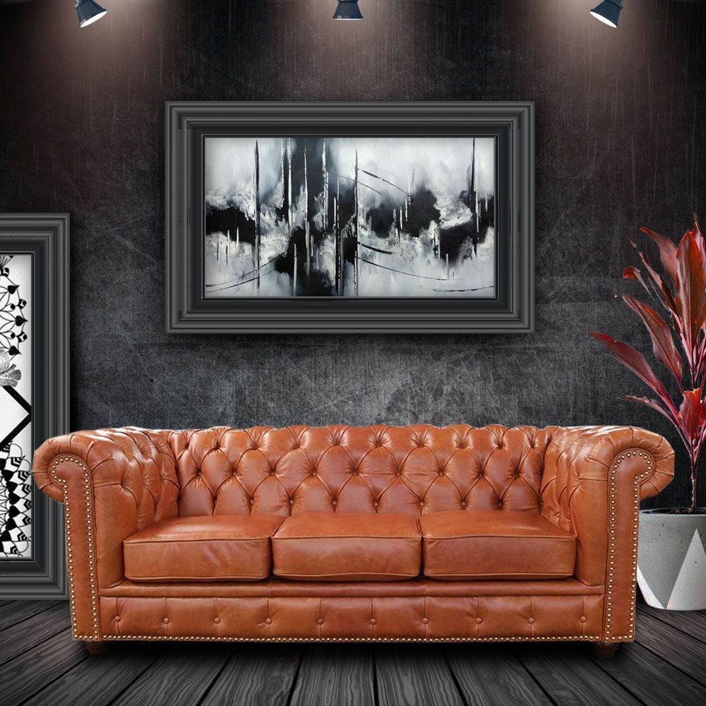 Sofá 3 Lugares Sala de Estar 235cm Chesterfield Pés Madeira Couro Conhaque G40 - Gran Belo