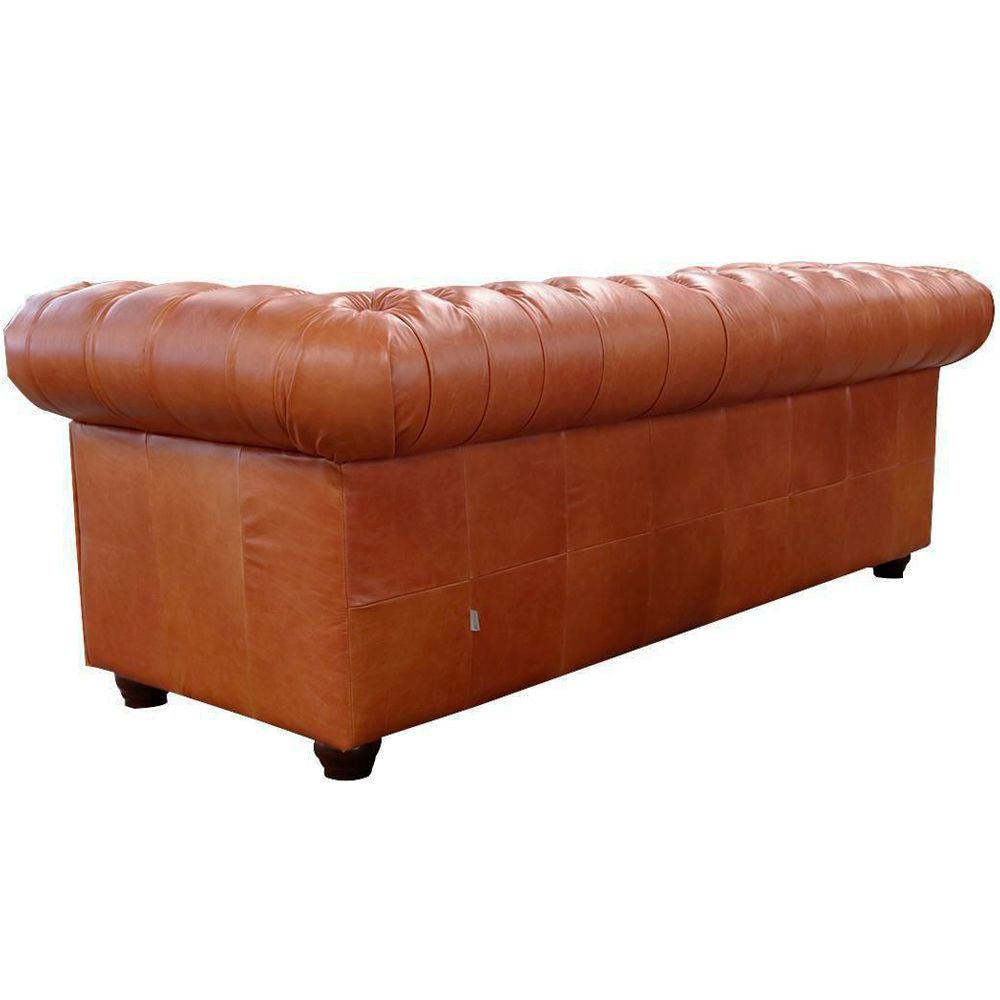 Sofá 3 Lugares Sala de Estar 235cm Chesterfield Pés Madeira Couro Conhaque G40 - Gran Belo