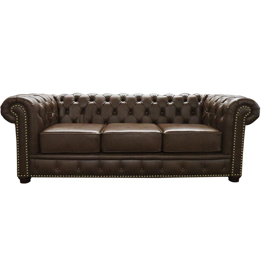 Sofá 3 Lugares Sala de Estar 235cm Chesterfield Pés Madeira Couro Marrom - Gran Belo 