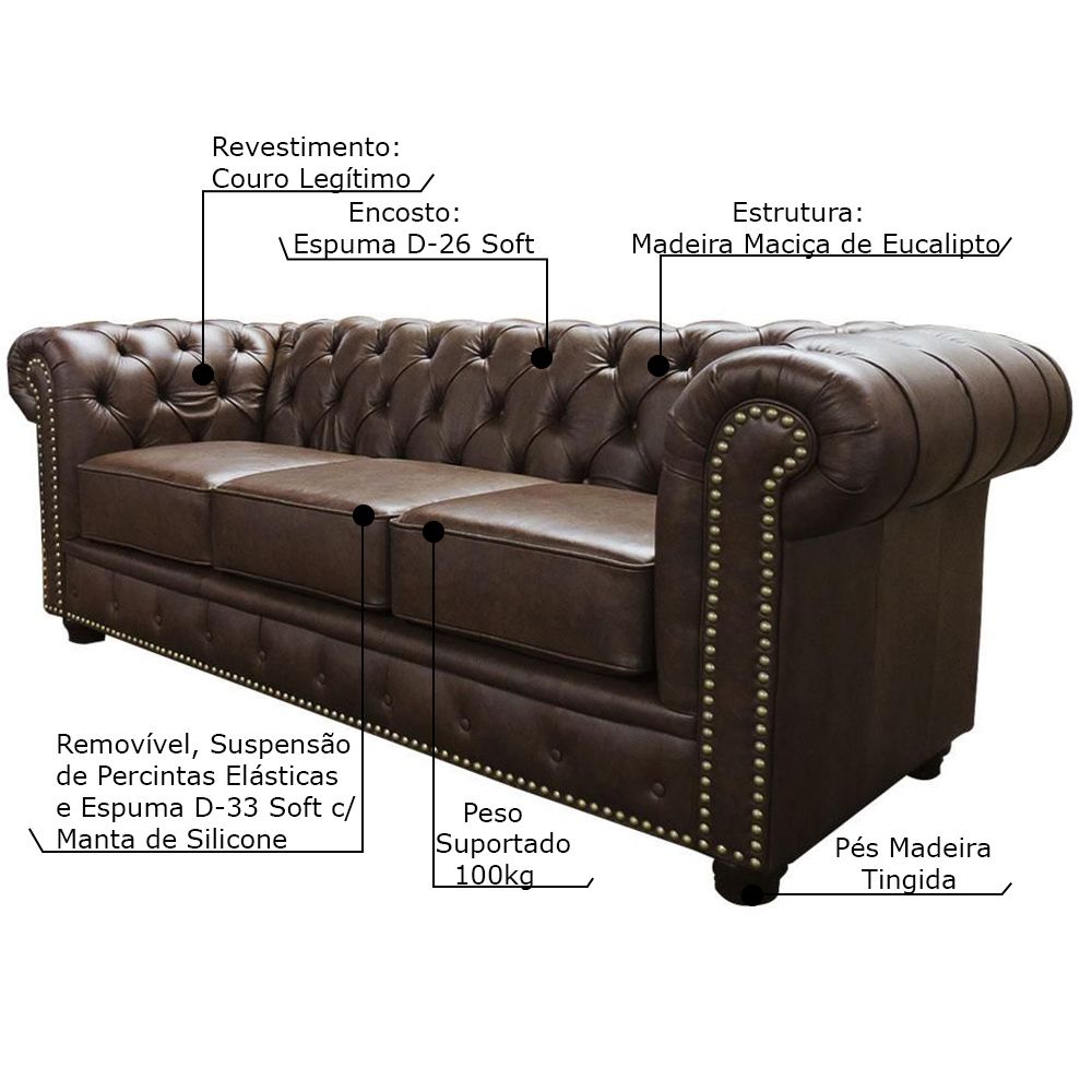 Sofá 3 Lugares Sala de Estar 235cm Chesterfield Pés Madeira Couro Marrom - Gran Belo 