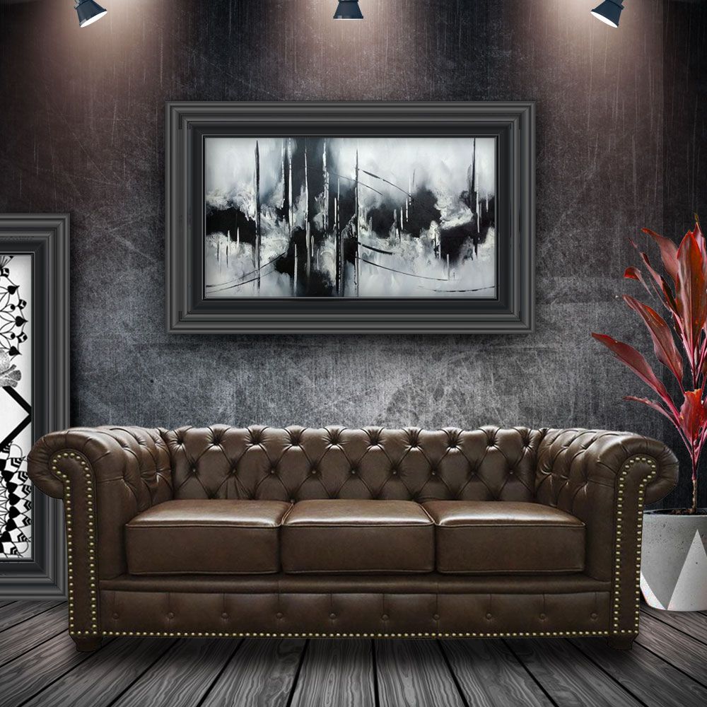 Sofá 3 Lugares Sala de Estar 235cm Chesterfield Pés Madeira Couro Marrom - Gran Belo 
