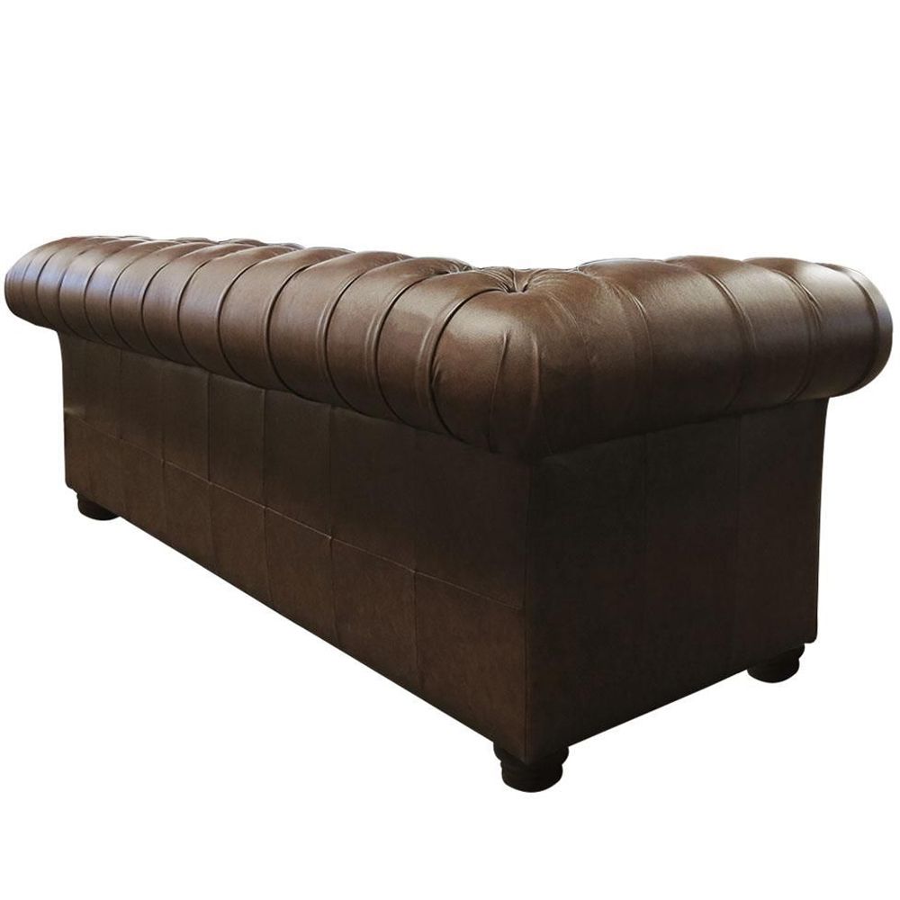 Sofá 3 Lugares Sala de Estar 235cm Chesterfield Pés Madeira Couro Marrom - Gran Belo 