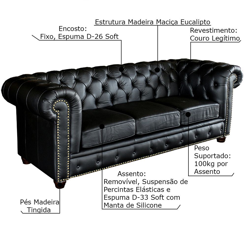 Sofá 3 Lugares Sala de Estar 235cm Chesterfield Pés Madeira Couro Preto - Gran Belo