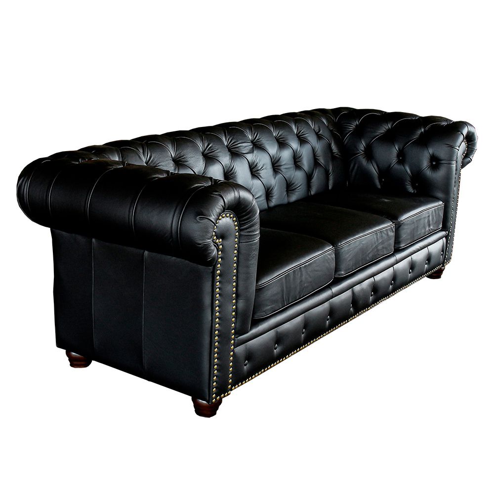 Sofá 3 Lugares Sala de Estar 235cm Chesterfield Pés Madeira Couro Preto - Gran Belo