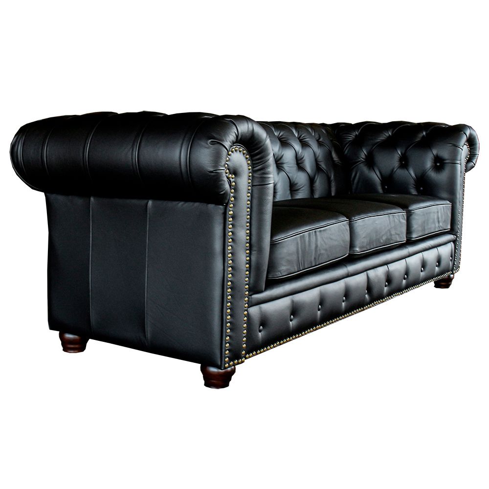 Sofá 3 Lugares Sala de Estar 235cm Chesterfield Pés Madeira Couro Preto - Gran Belo