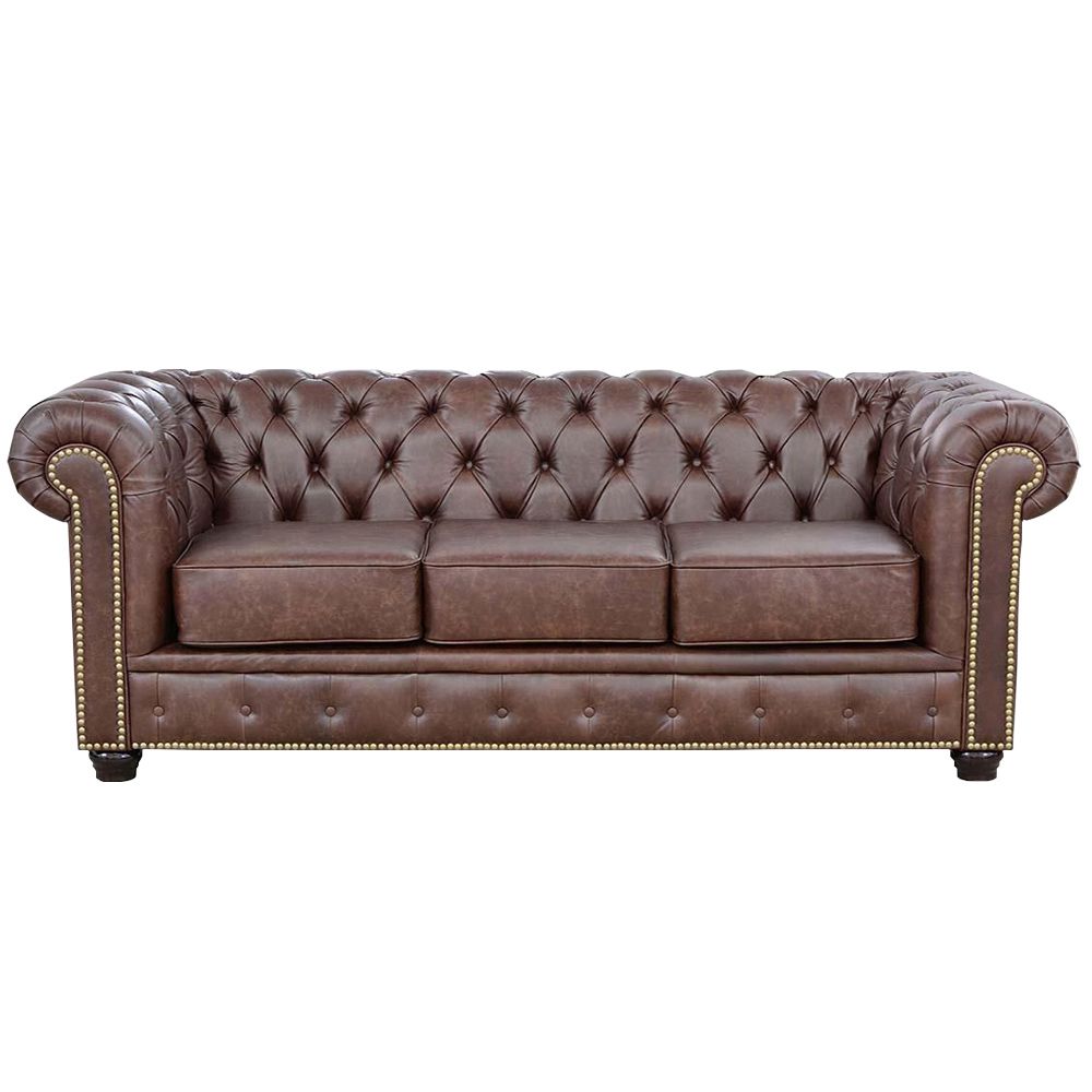 Sofá 3 Lugares Sala de Estar 235cm Chesterfield Pés Madeira Couro Tabaco - Gran Belo 