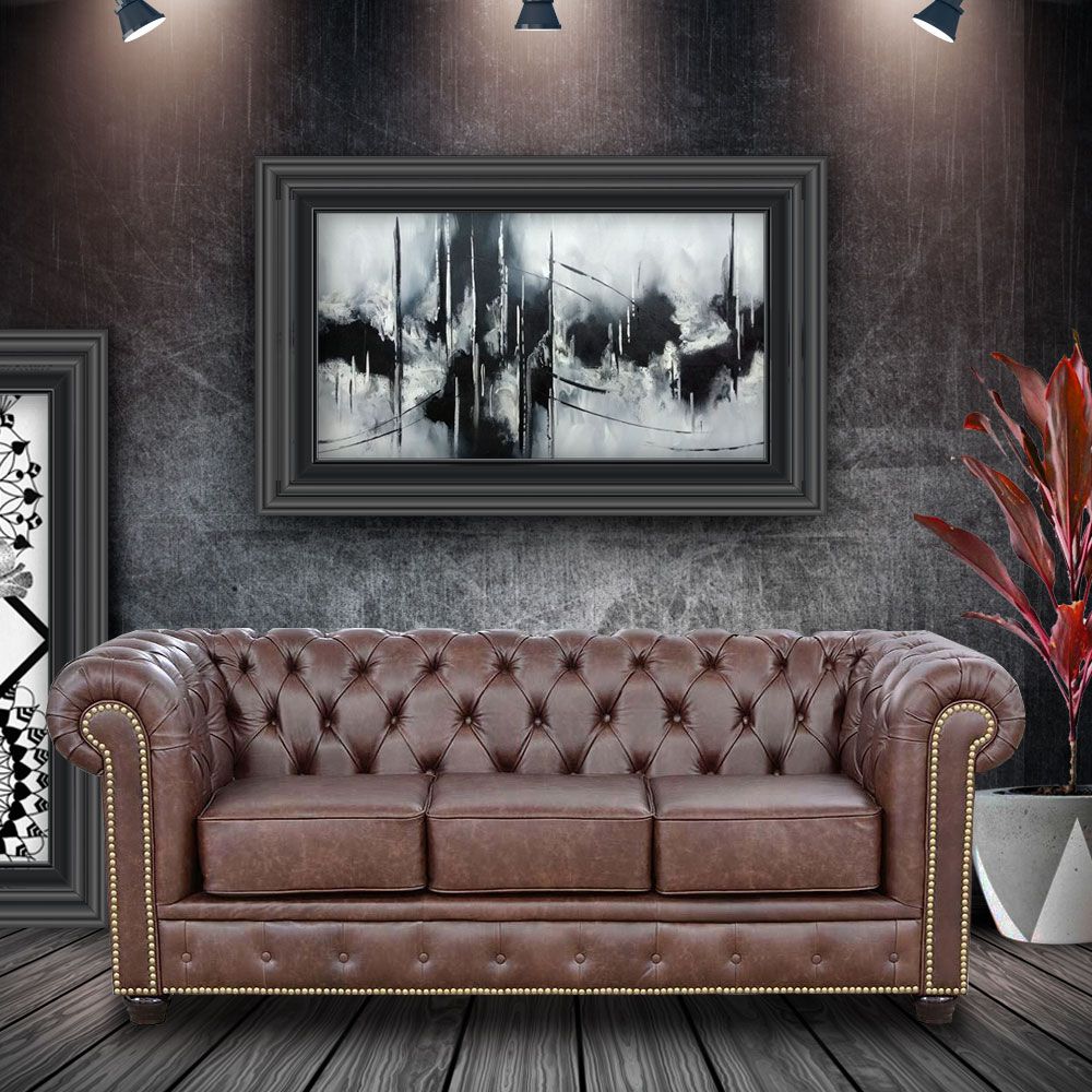Sofá 3 Lugares Sala de Estar 235cm Chesterfield Pés Madeira Couro Tabaco - Gran Belo 