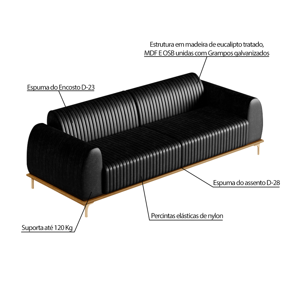 Sofá 3 Lugares Sala de Estar Bipartido Base de Madeira Euro 280 cm PU Preto G15 - Gran Belo