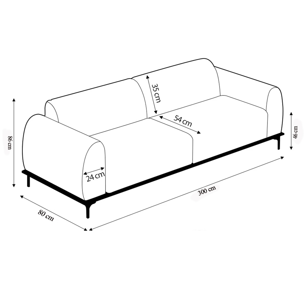 Sofá 3 Lugares Sala de Estar Bipartido Base de Madeira Euro 300 cm PU Preto G15 - Gran Belo