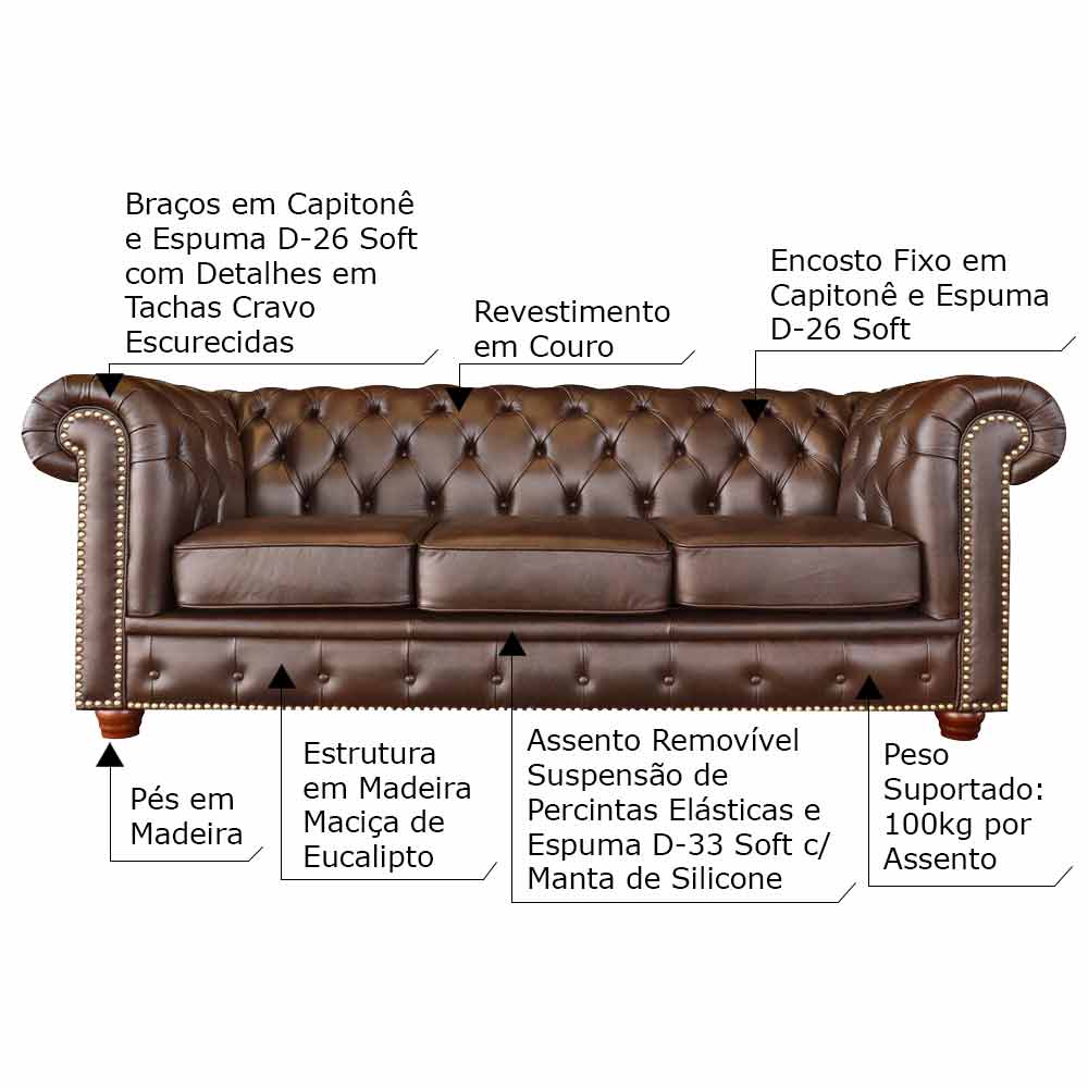 Sofá 3 Lugares Sala de Estar Chesterfield Pés Madeira Couro Tabaco Brilho - Gran Belo