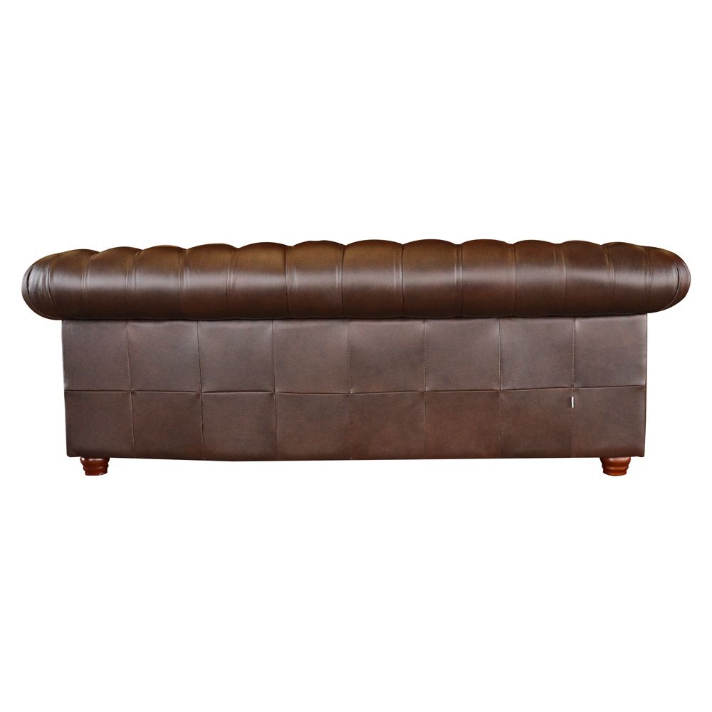 Sofá 3 Lugares Sala de Estar Chesterfield Pés Madeira Couro Tabaco Brilho - Gran Belo