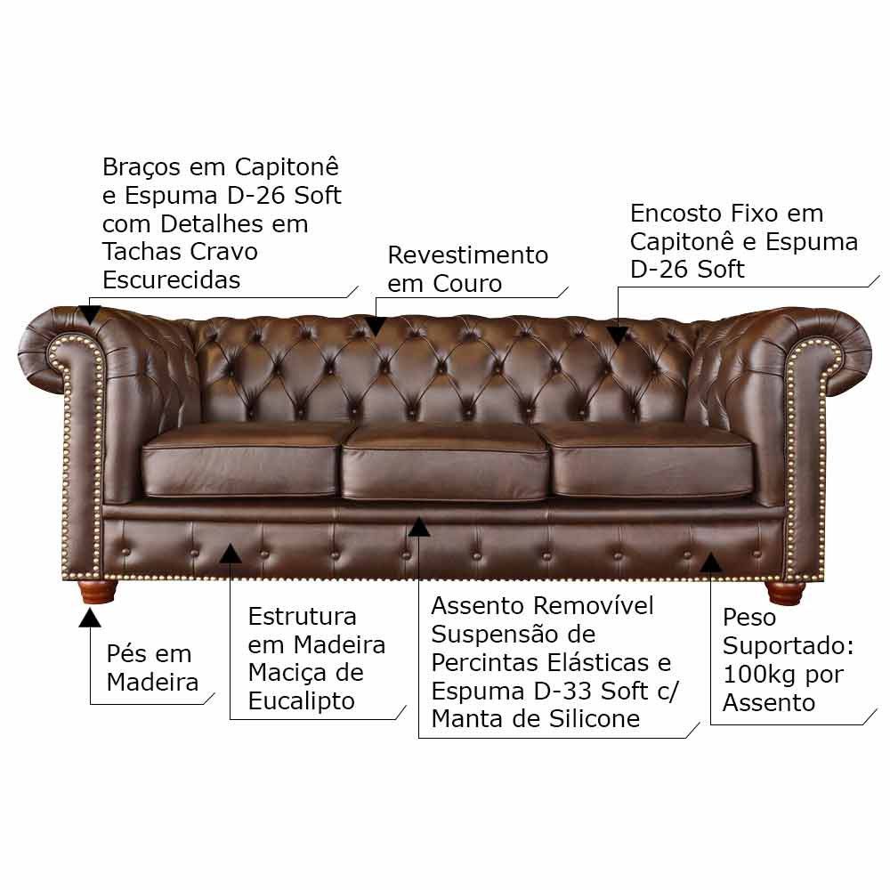 Sofá 3 Lugares Sala de Estar Chesterfield Pés Madeira Couro Tabaco Brilho G40 - Gran Belo