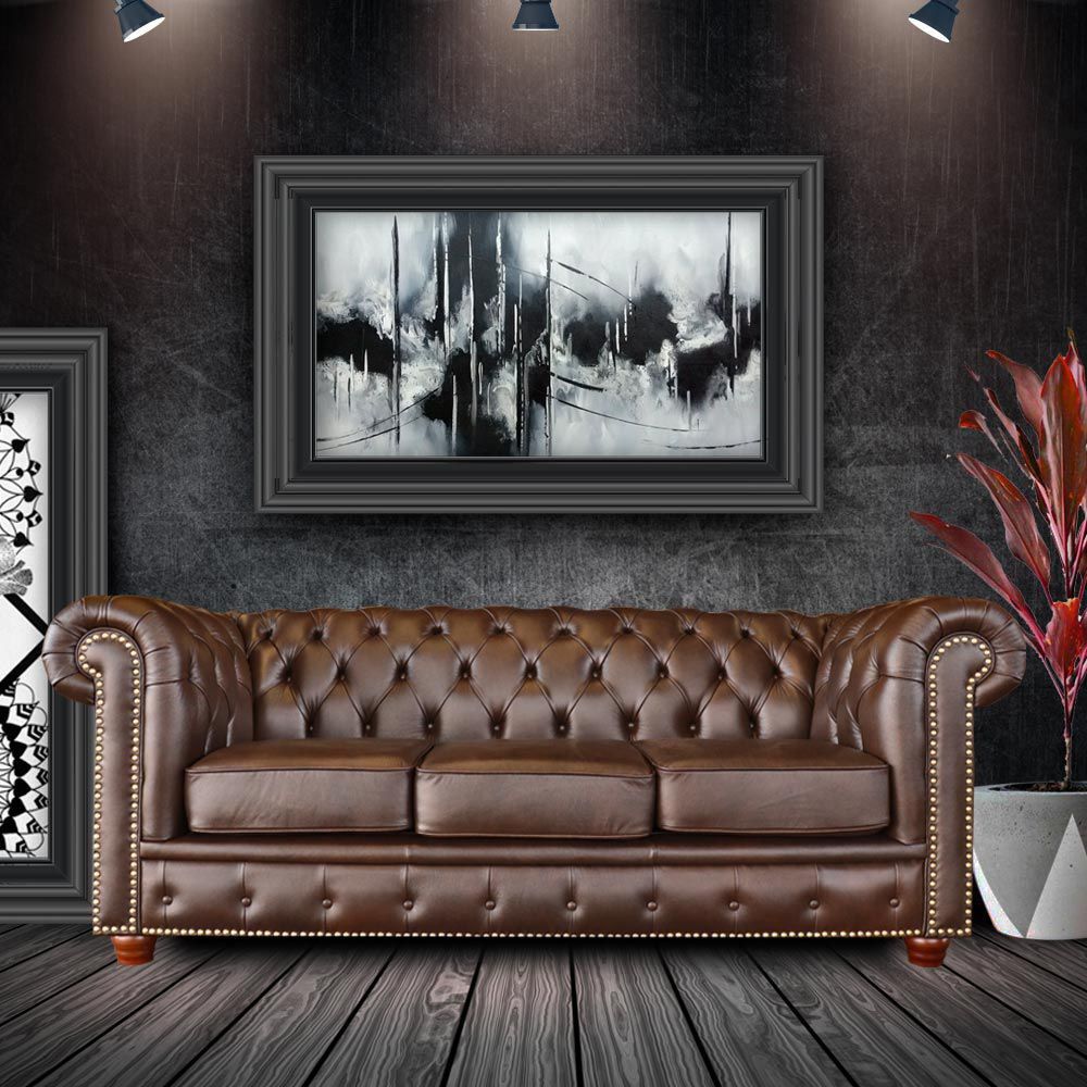Sofá 3 Lugares Sala de Estar Chesterfield Pés Madeira Couro Tabaco Brilho G40 - Gran Belo