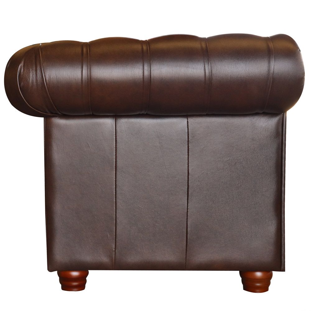 Sofá 3 Lugares Sala de Estar Chesterfield Pés Madeira Couro Tabaco Brilho G40 - Gran Belo
