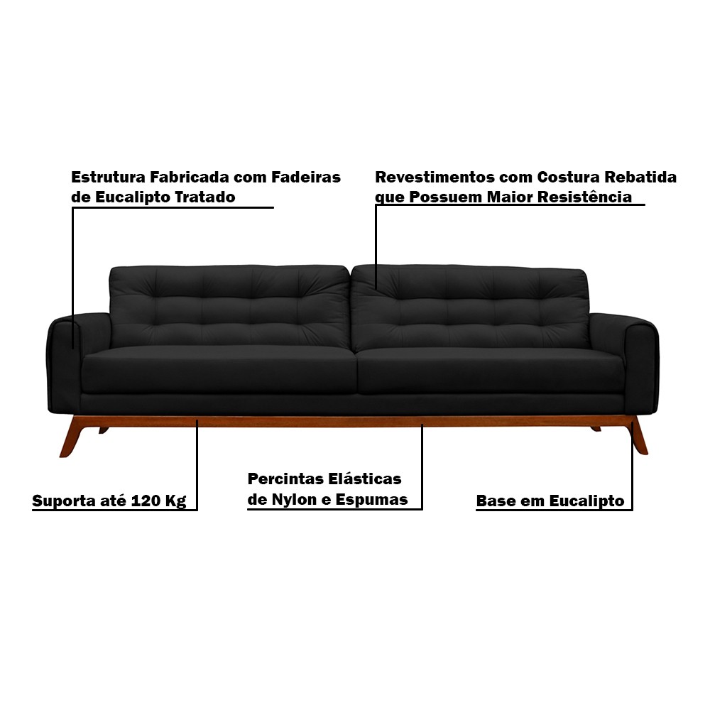 Sofá 3 Lugares Sala de Estar Eros 180 cm Veludo Preto Base Fixa G15 - Gran Belo