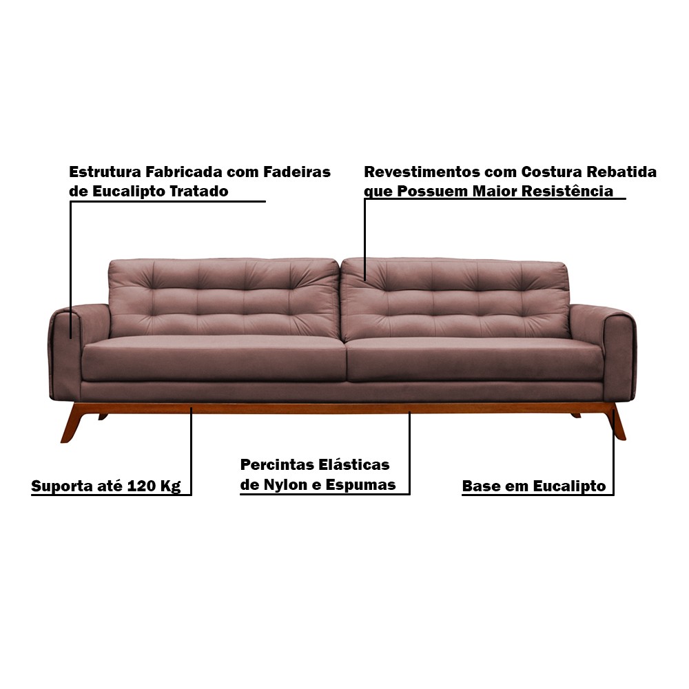 Sofá 3 Lugares Sala de Estar Eros 180 cm Veludo Rosê Base Fixa G15 - Gran Belo