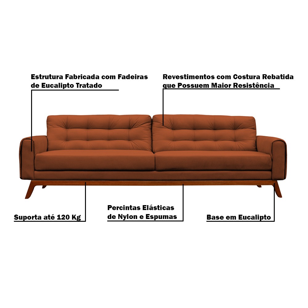 Sofá 3 Lugares Sala de Estar Eros 180 cm Veludo Telha Base Fixa G15 - Gran Belo