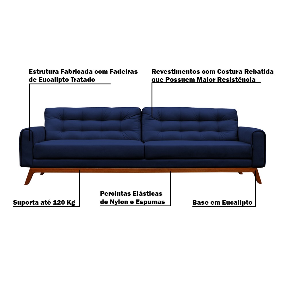 Sofá 3 Lugares Sala de Estar Eros 210 cm Veludo Azul Marinho Base Fixa G15 - Gran Belo