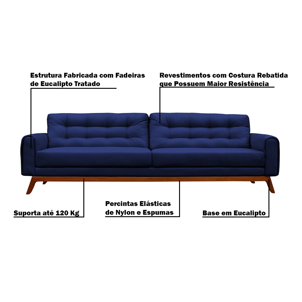 Sofá 3 Lugares Sala de Estar Eros 230 cm Veludo Azul Bic Base Fixa G15 - Gran Belo