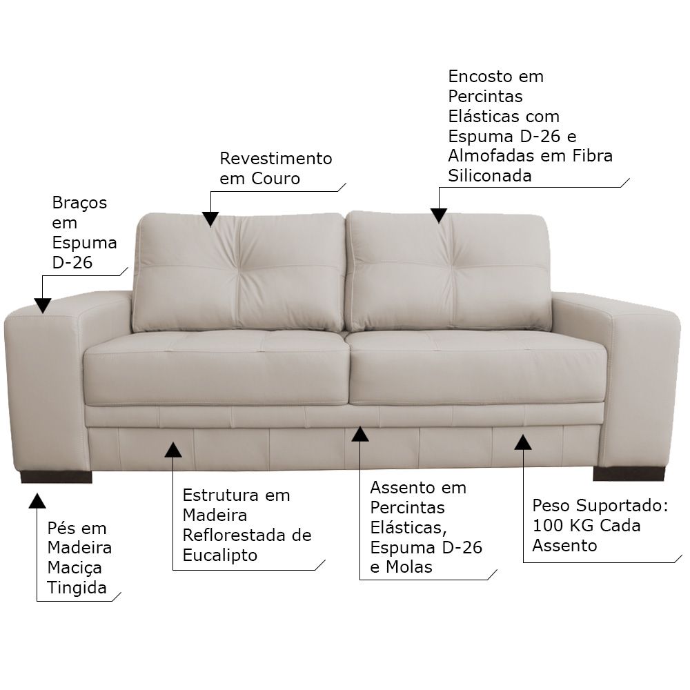 Sofá 3 Lugares Sala de Estar Milano 210cm Couro Off White G58 - Gran Belo