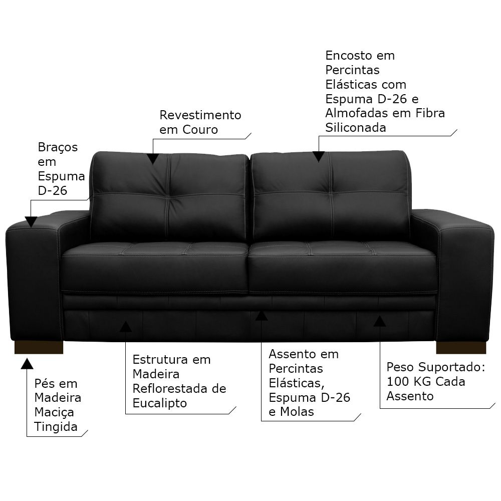 Sofá 3 Lugares Sala de Estar Milano 210cm Couro Preto G58 - Gran Belo