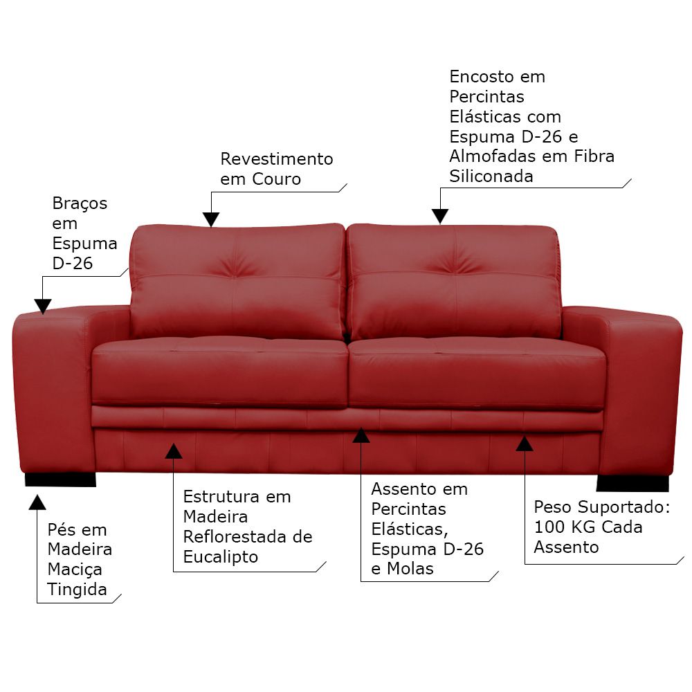 Sofá 3 Lugares Sala de Estar Milano 210cm Couro Vermelho G58 - Gran Belo