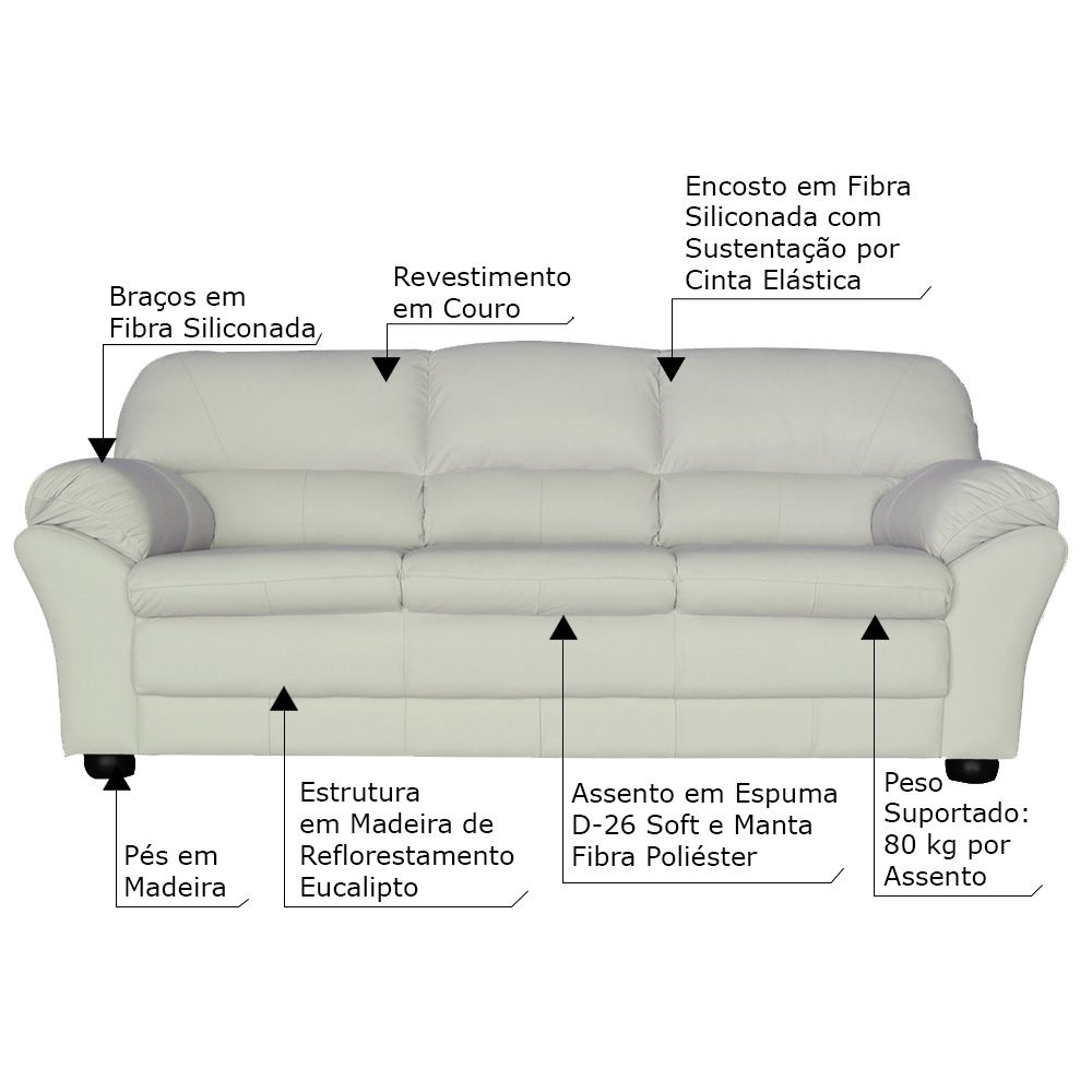Sofá 3 Lugares Sala de Estar Pés Madeira 212cm Laura Couro Off White G03 - Gran Belo