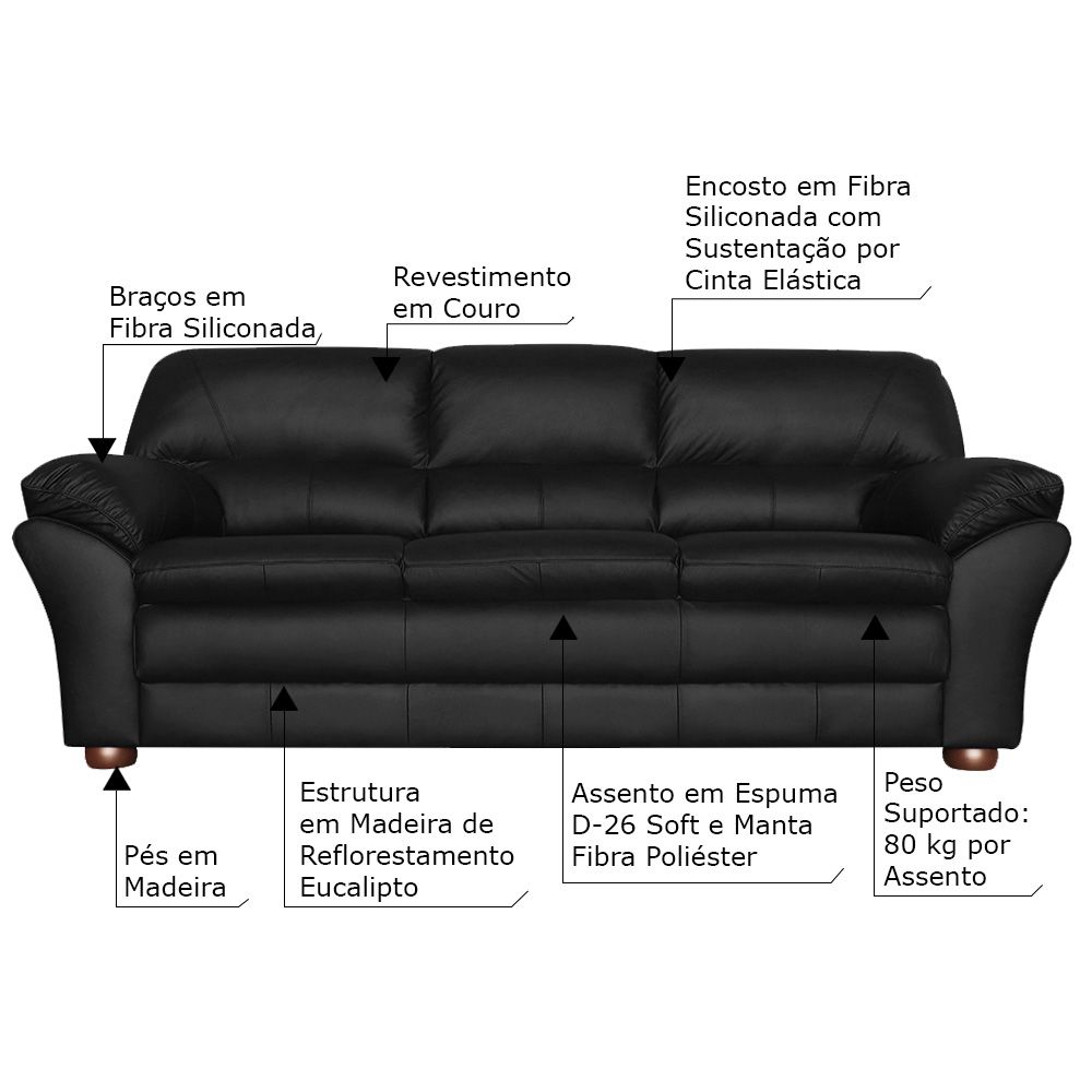 Sofá 3 Lugares Sala de Estar Pés Madeira 212cm Laura Couro Preto G03 - Gran Belo