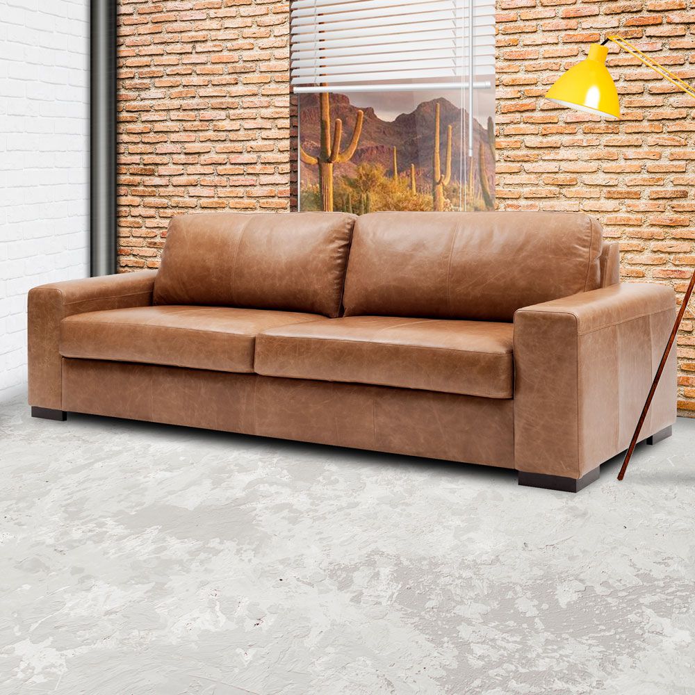 Sofá 3 Lugares Sala de Estar Pés Madeira Aisla 210 cm Couro Camel - Gran Belo