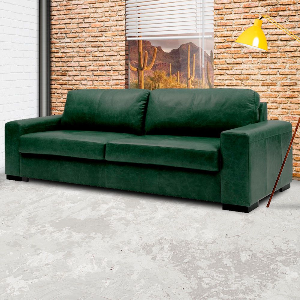 Sofá 3 Lugares Sala de Estar Pés Madeira Aisla 210 cm Couro/Verde G43 - Gran Belo