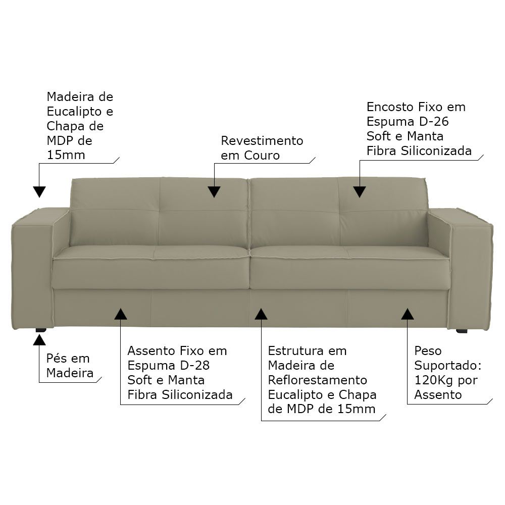 Sofá 3 Lugares Sala de Estar Pés Madeira Laus 208 cm Couro Avelã G43 - Gran Belo