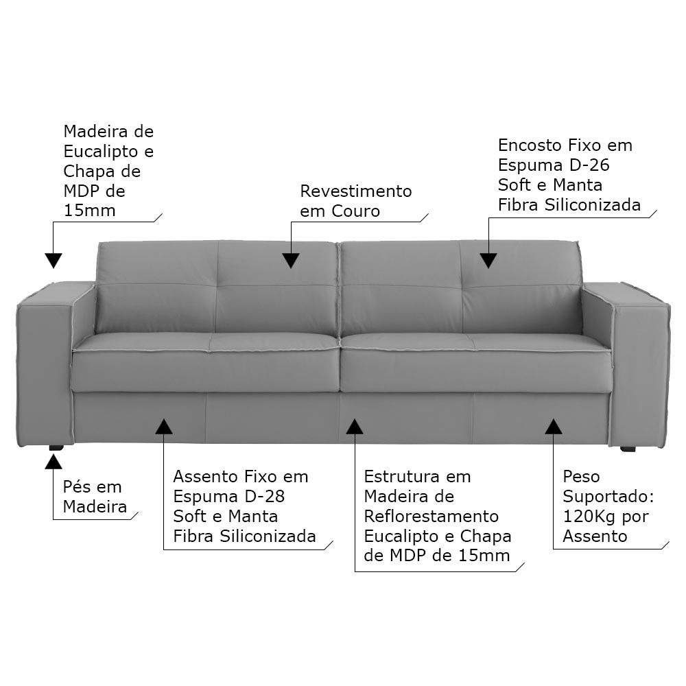 Sofá 3 Lugares Sala de Estar Pés Madeira Laus 208 cm Couro Cinza - Gran Belo