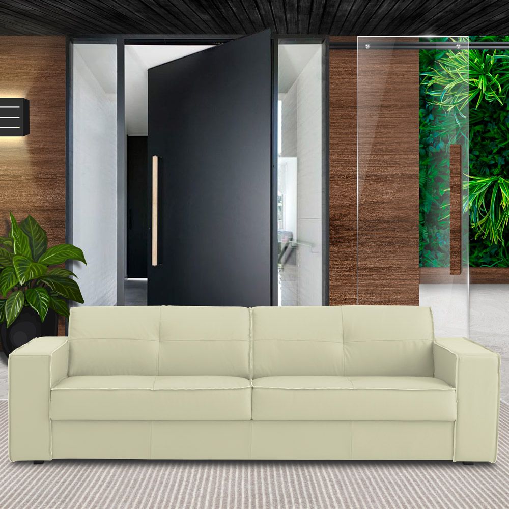 Sofá 3 Lugares Sala de Estar Pés Madeira Laus 208 cm Couro Off White G43 - Gran Belo