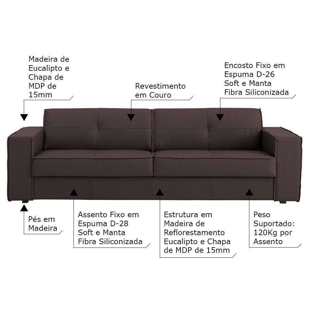 Sofá 3 Lugares Sala de Estar Pés Madeira Laus 242 cm Couro Tabaco G43 - Gran Belo