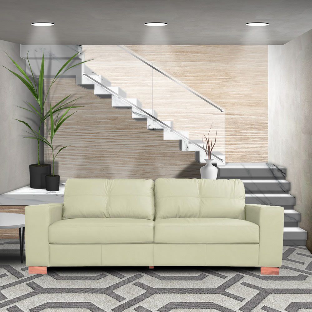 Sofá 3 Lugares Sala de Estar Pés Madeira kenny 210 cm Couro Off White G43 - Gran Belo