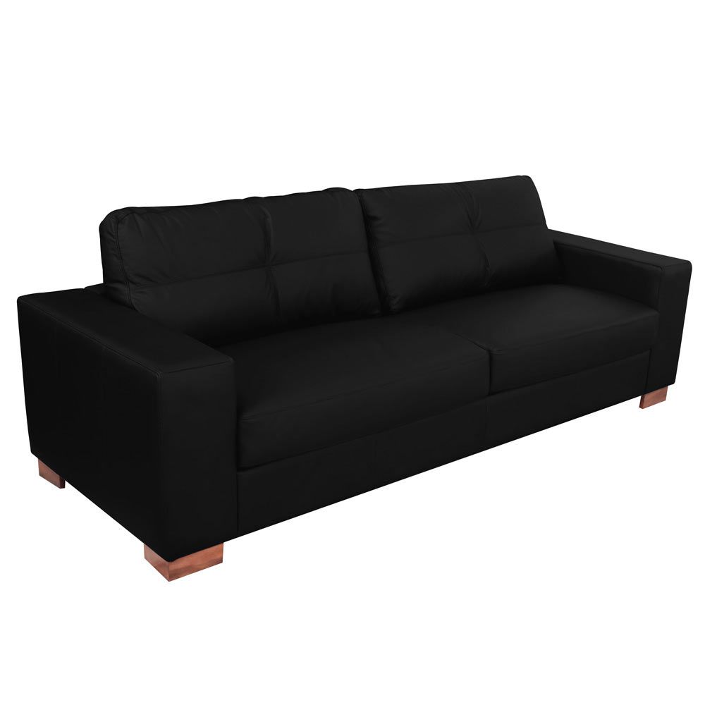 Sofá 3 Lugares Sala de Estar Pés Madeira kenny 210 cm Couro Preto G43 - Gran Belo