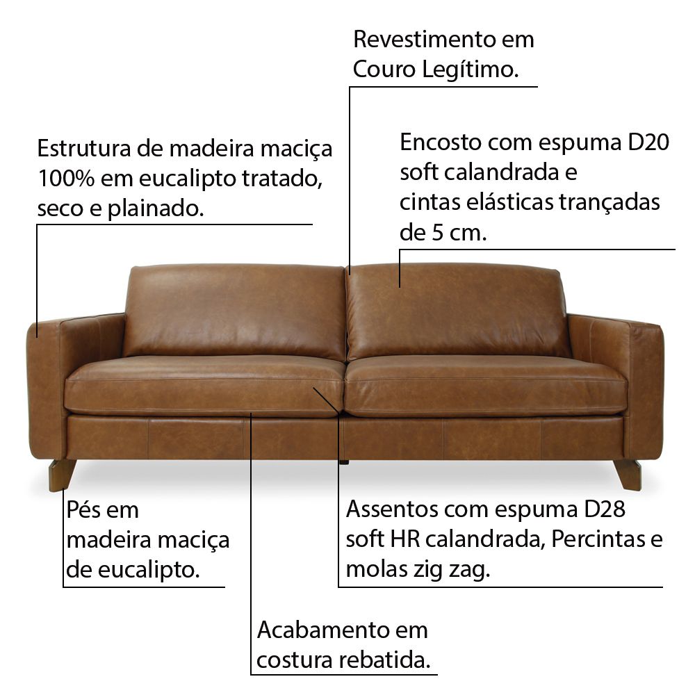 Sofá 3 Lugares Sala de Estar Recepção 260cm Presley Couro Caramelo G52 - Gran Belo