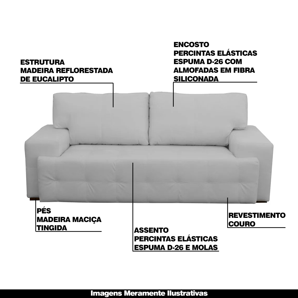 Sofá 3 Lugares Sala de Estar Roma 230 cm Couro Branco G58 - Gran Belo