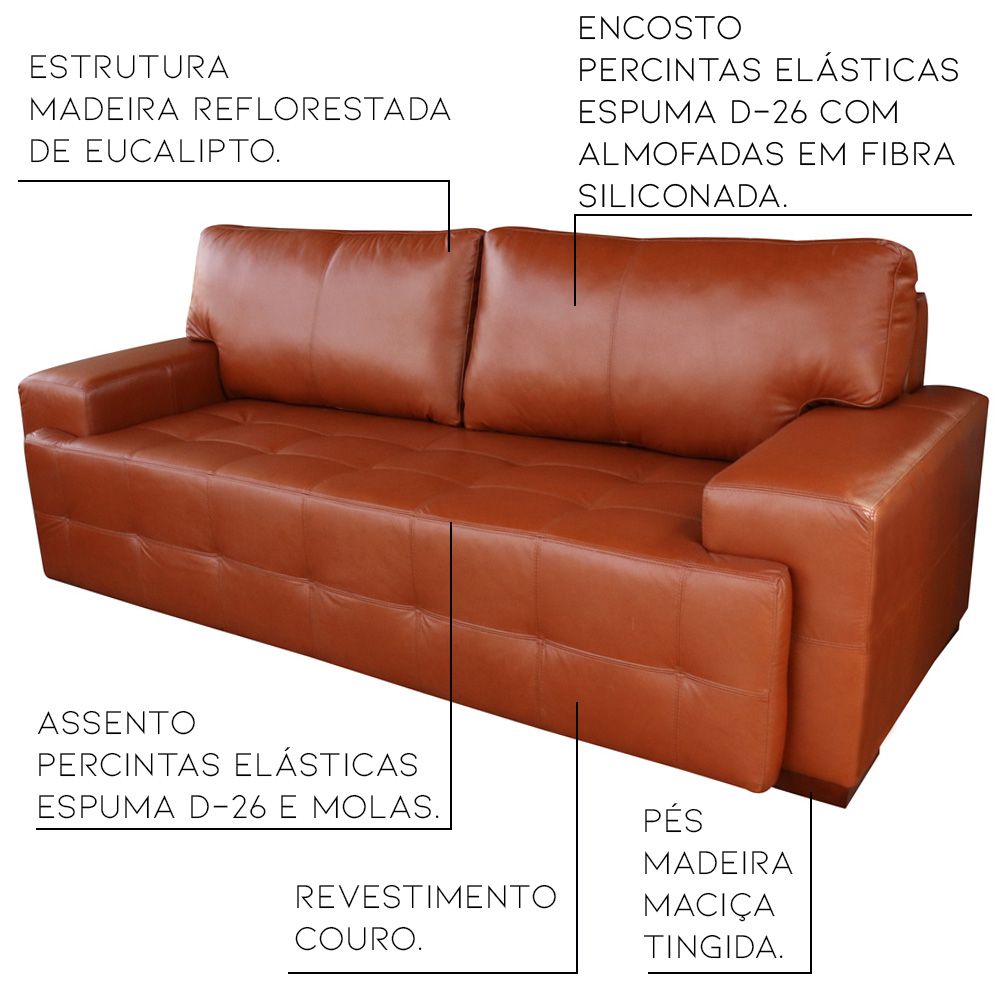 Sofá 3 Lugares Sala de Estar Roma 230 cm Couro Conhaque G58 - Gran Belo