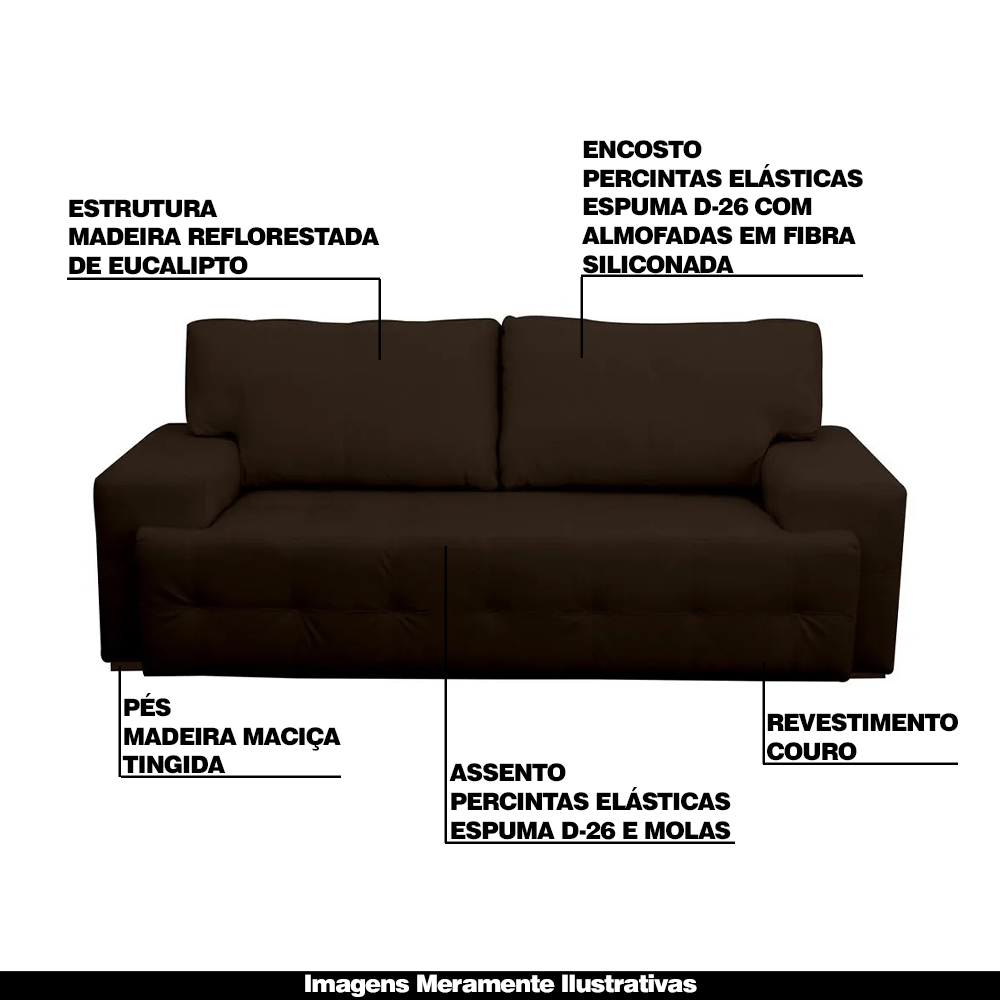 Sofá 3 Lugares Sala de Estar Roma 230 cm Couro Marrom G58 - Gran Belo