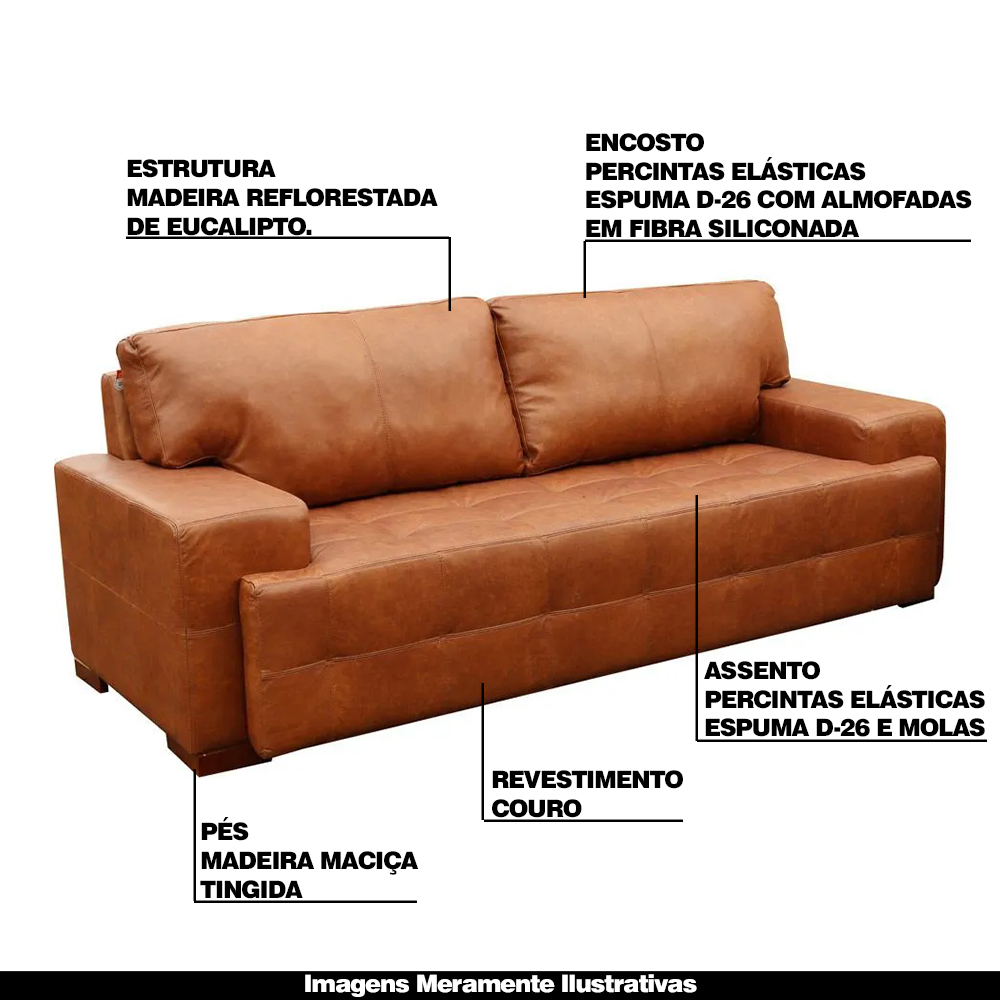 Sofá 3 Lugares Sala de Estar Roma 230 cm Couro Mel G58 - Gran Belo