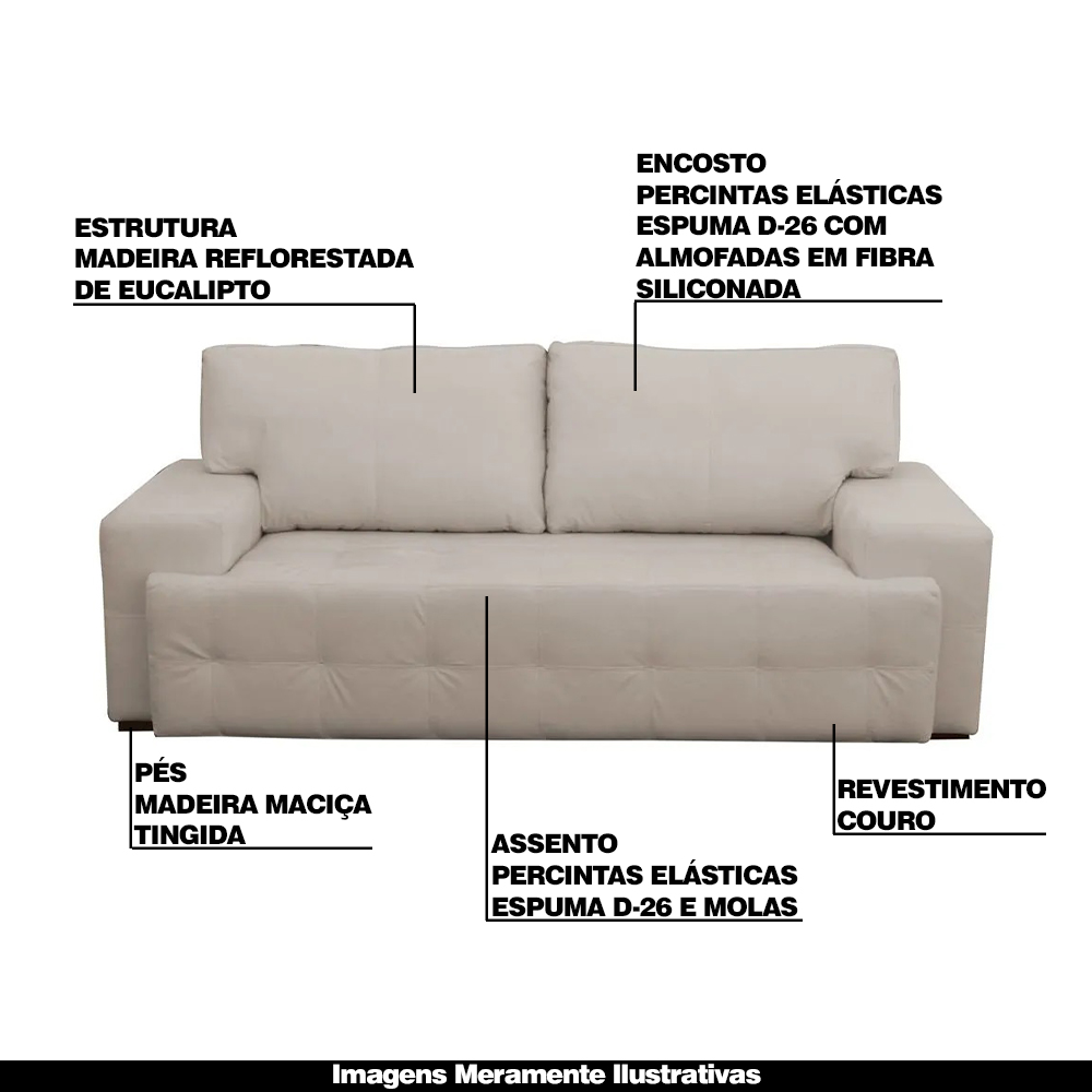 Sofá 3 Lugares Sala de Estar Roma 230 cm Couro Off White G58 - Gran Belo