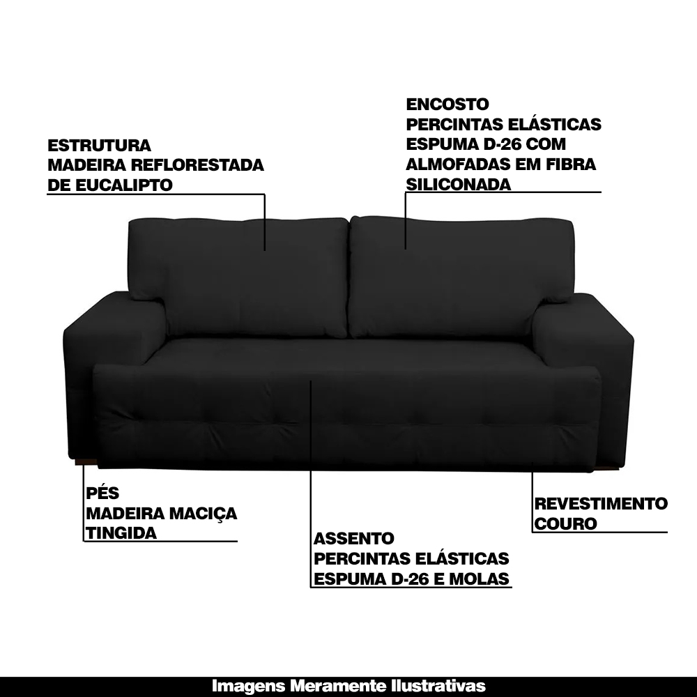 Sofá 3 Lugares Sala de Estar Roma 230 cm Couro Preto G58 - Gran Belo