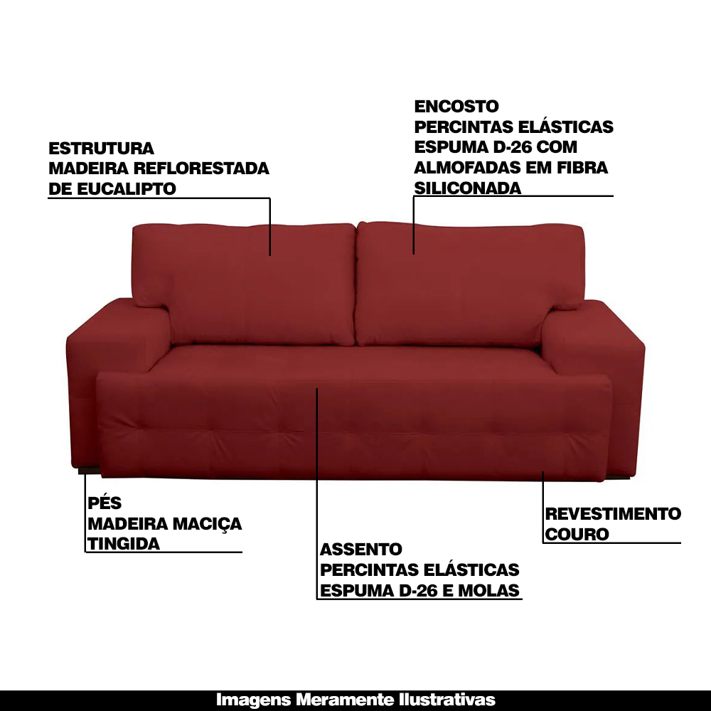 Sofá 3 Lugares Sala de Estar Roma 230 cm Couro Vermelho G58 - Gran Belo