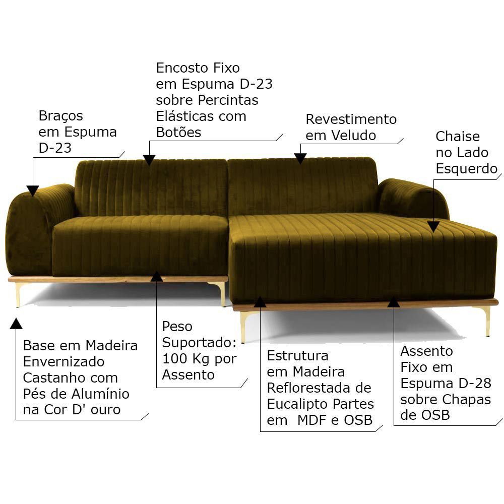 Sofá 3 Lugares com Chaise Base de Madeira Euro 230 cm Veludo Mostarda - Gran Belo