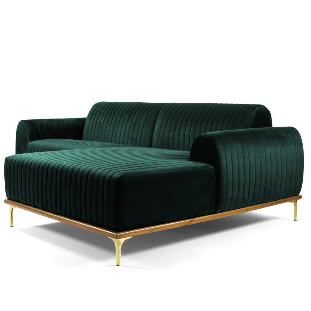 Sofá 3 Lugares com Chaise Base de Madeira Euro 230 cm Veludo Verde - Gran Belo