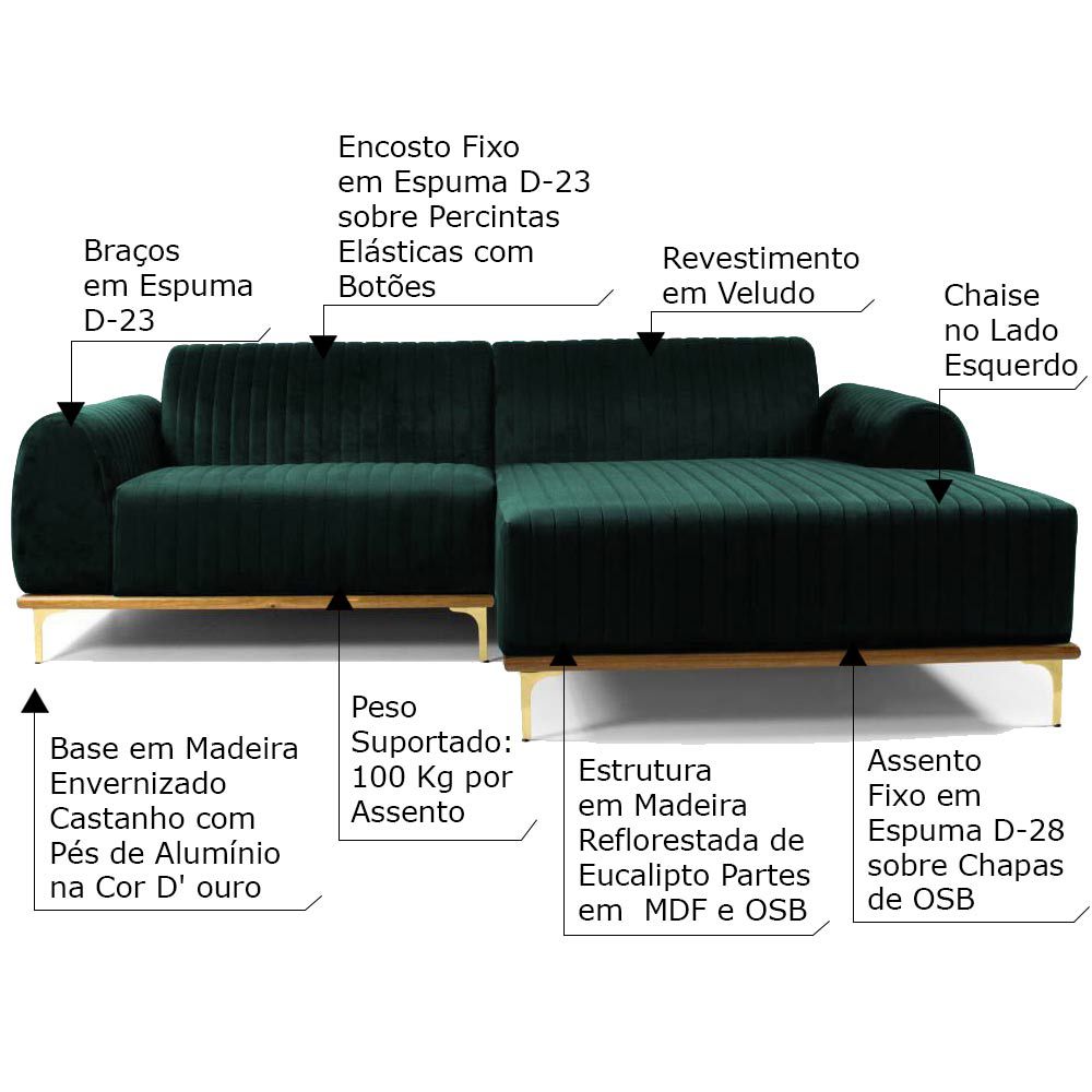 Sofá 3 Lugares com Chaise Base de Madeira Euro 230 cm Veludo Verde - Gran Belo