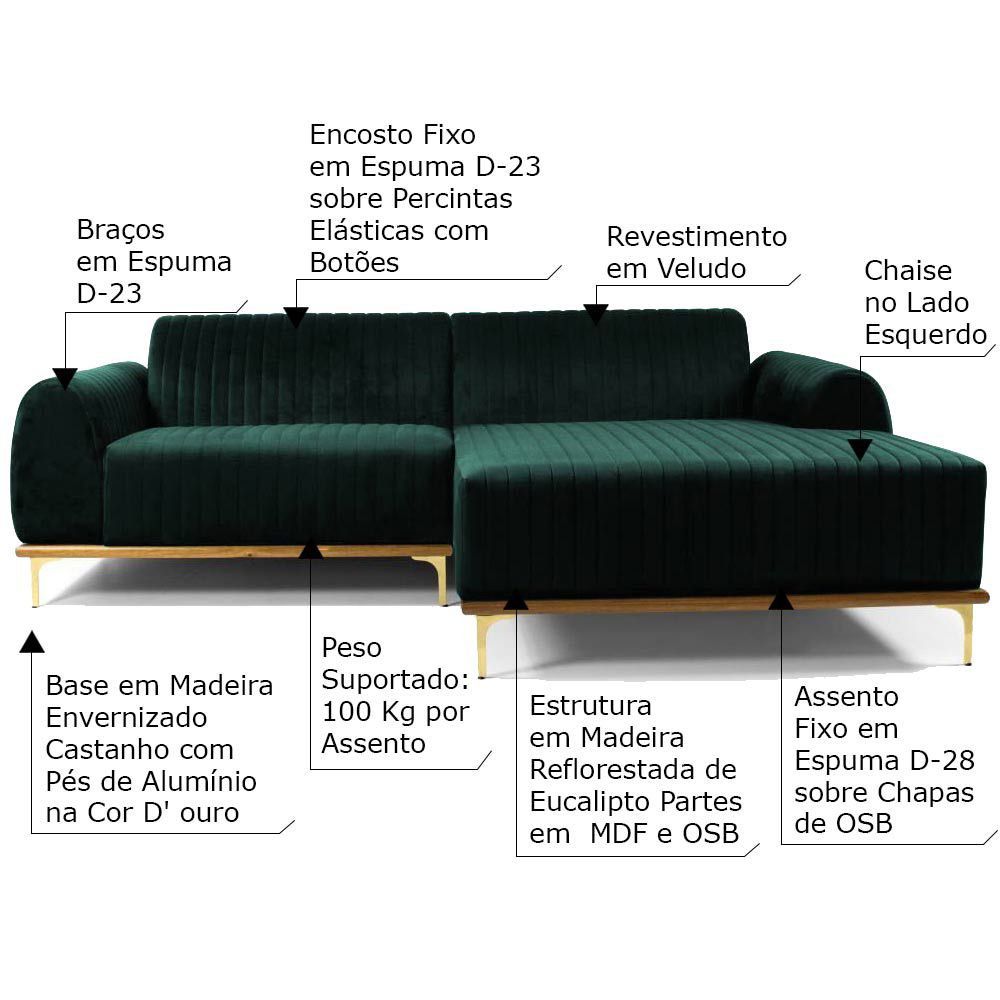 Sofá 3 Lugares com Chaise Base de Madeira Euro 230 cm Veludo Verde - Gran Belo